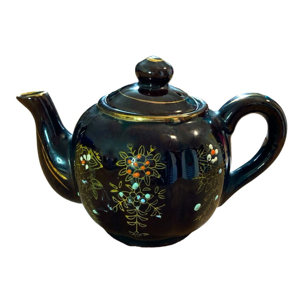 Vintage Japan Brown Betty Redware Teapot Hand Painted Floral Pattern Black Gold
